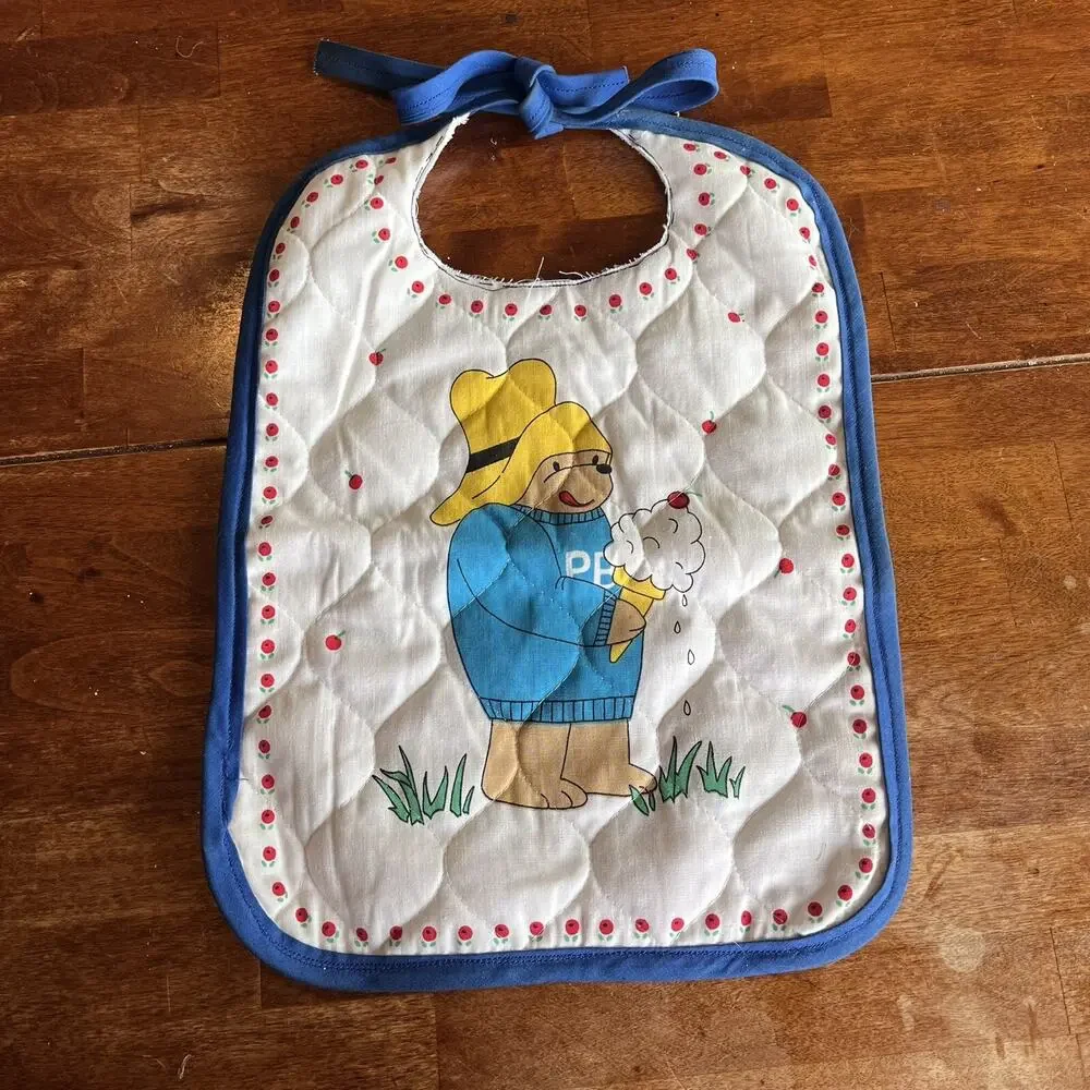 Paddington Bear Baby Bibs Quilted Tie Closure Lot Handmade 2 Unfinished Neckline